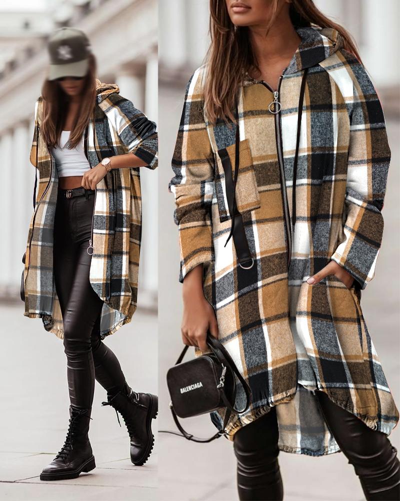 

Plaid Pattern Shacket Full Zip Up Pocket Design Oversized Longline Casual Hooded Coats, Brown