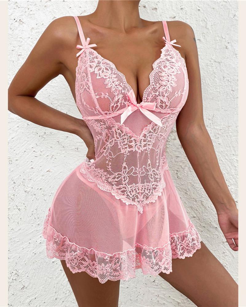 

Crochet Lace Bowknot Decor Babydoll With Panty, Pink