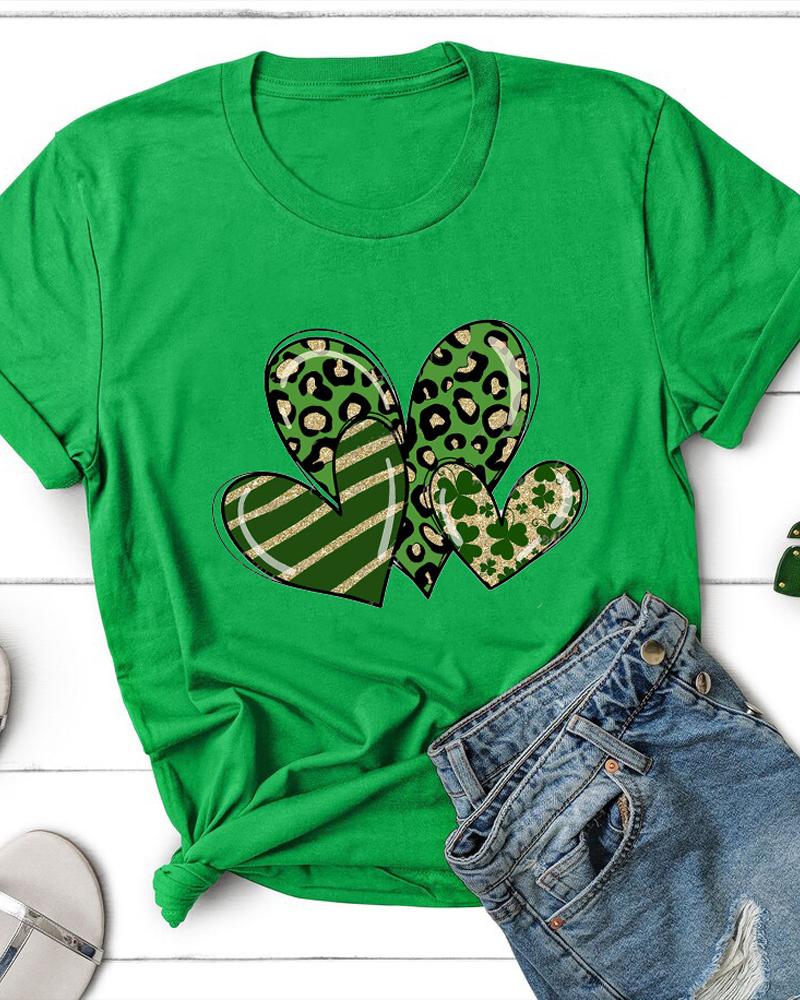 

St. Patrick's Day Clover Heart Print Casual T-shirt, Green