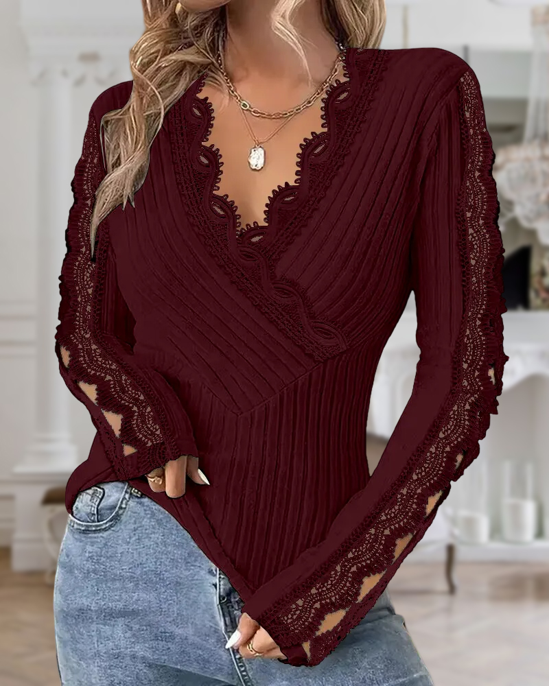 

V-Neck Lace Patch Long Sleeve Top Criss Cross Hollow-out Shirt, Wine red