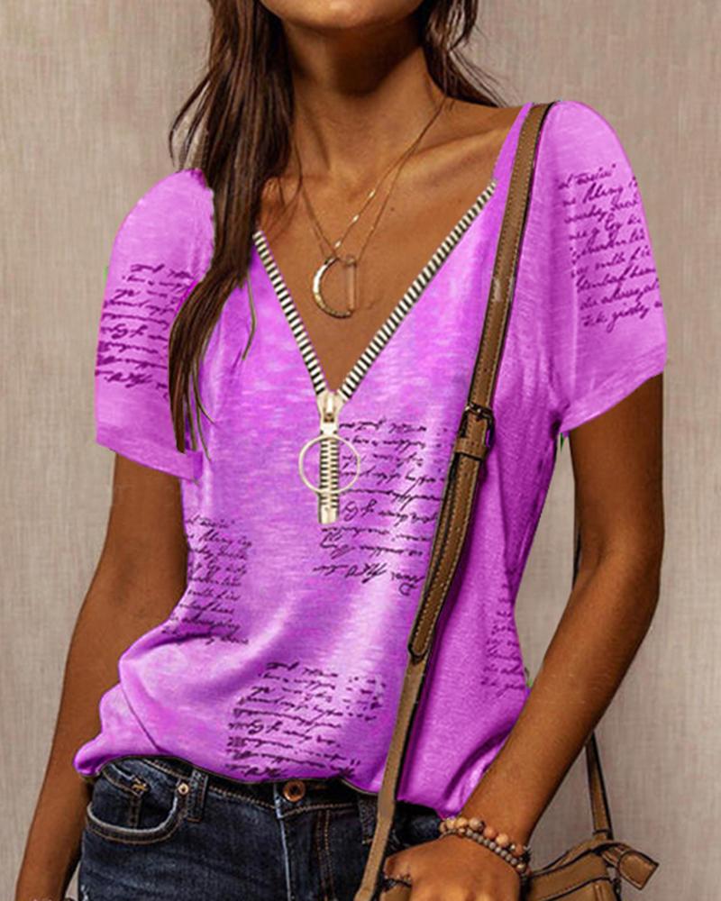 

Letter Print Zipper Front T-shirt, Purple