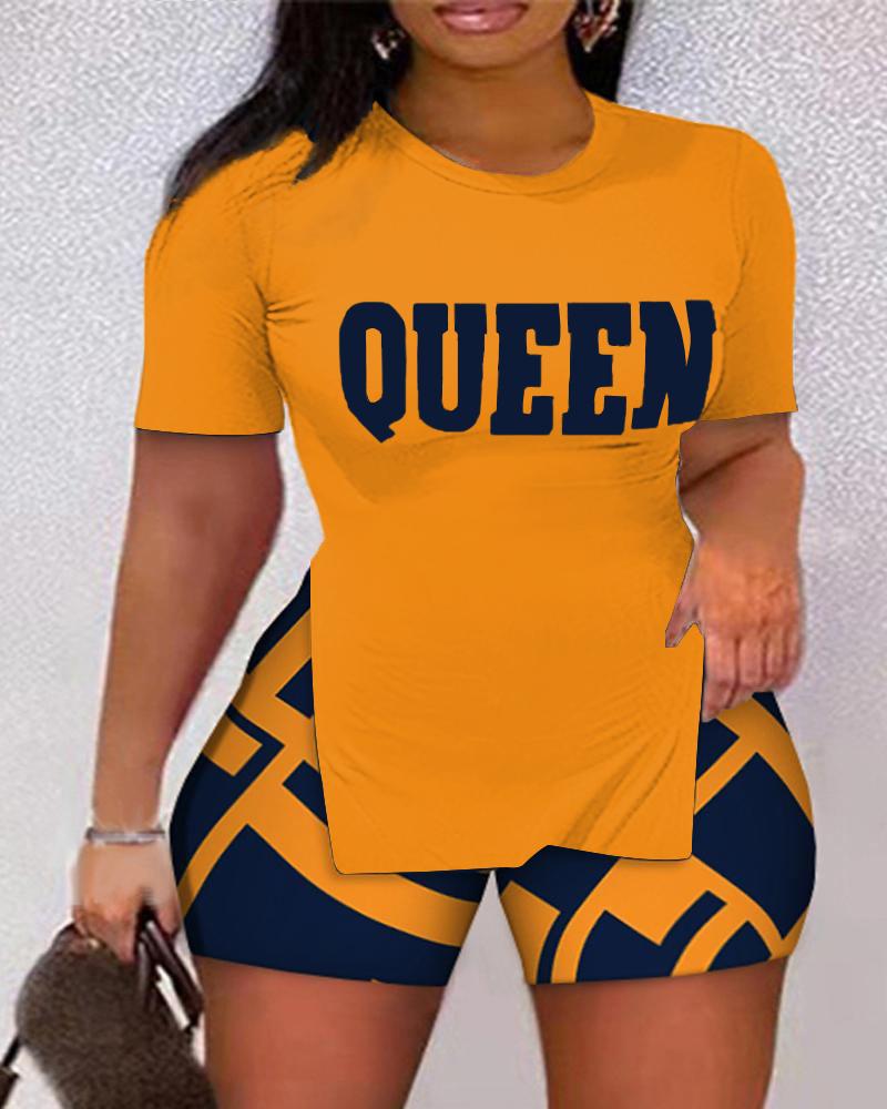 

Plus Size Queen Geometric Print Side Slit Top & Shorts Set, Orange