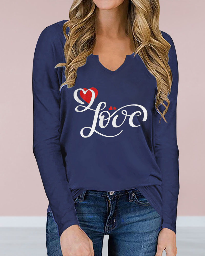 

Valentine' Day Heart Letter Print Long Sleeve Casual Top, Blue