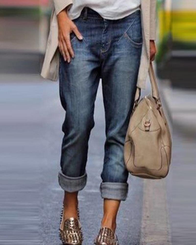 

Solid Washing Effect Denim Pants Jeans, Blue