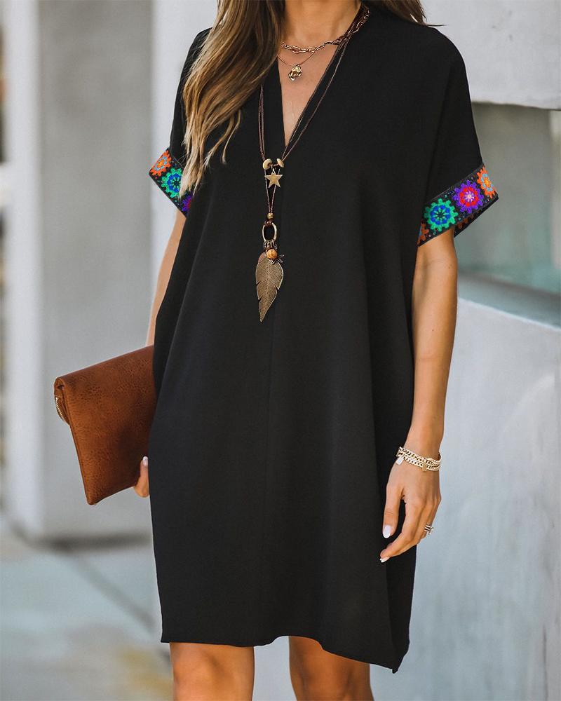 

Crochet Floral Pattern Short Sleeve Casual Dress, Black