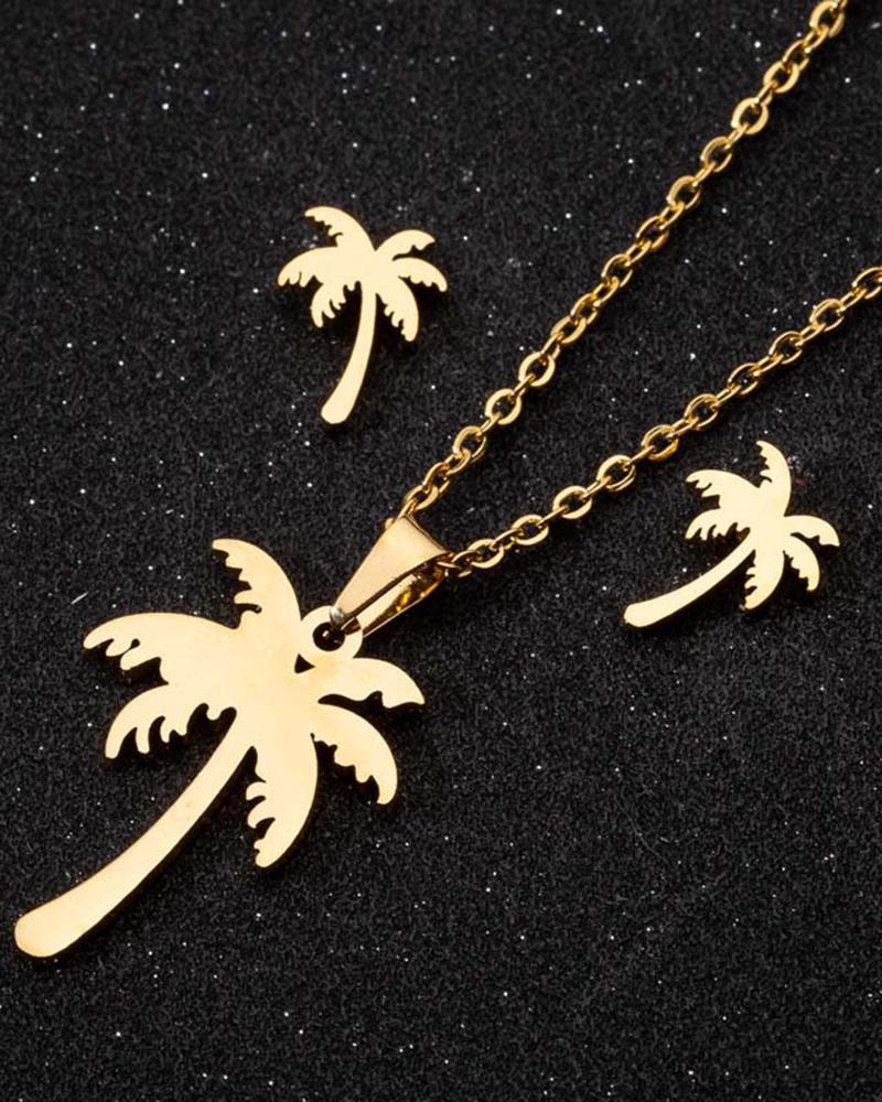 

2pcs Coconut Tree Shaped Pendant Necklace & Earrings Jewelry Set, Gold