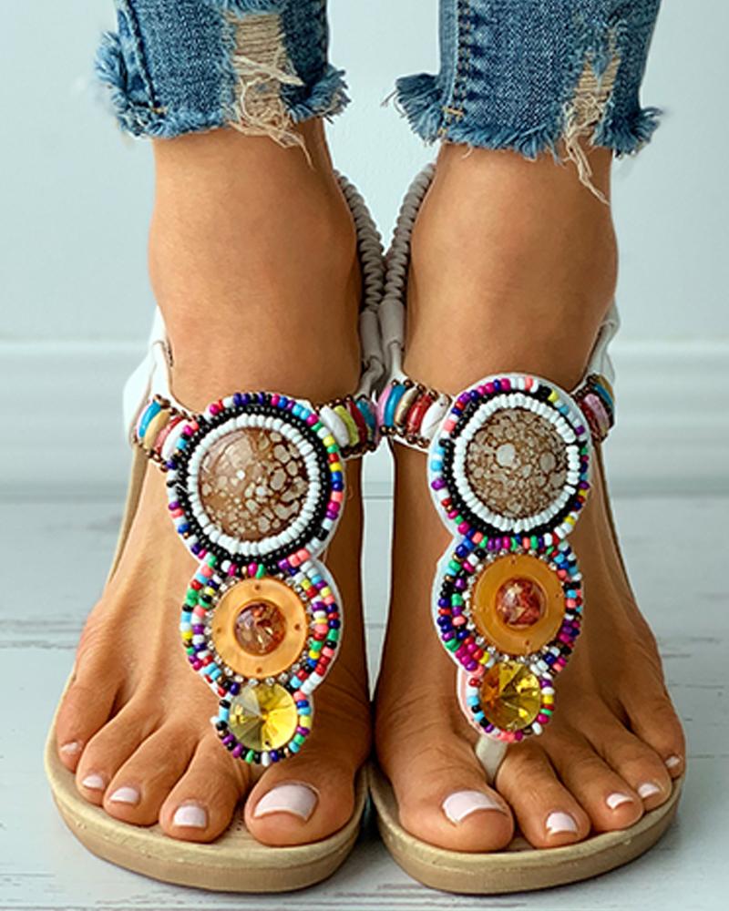 

Rhinestone Colorful Beaded Slingback Flat Sandals, White