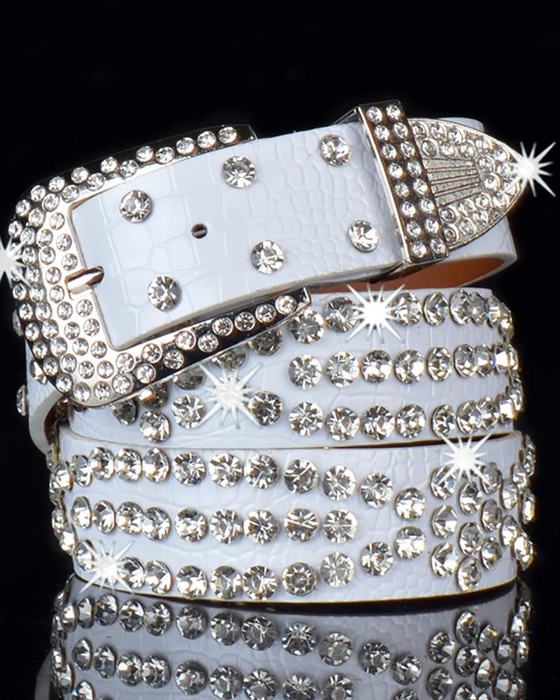 

Rhinestone Decor Buckled PU Leather Belt, White