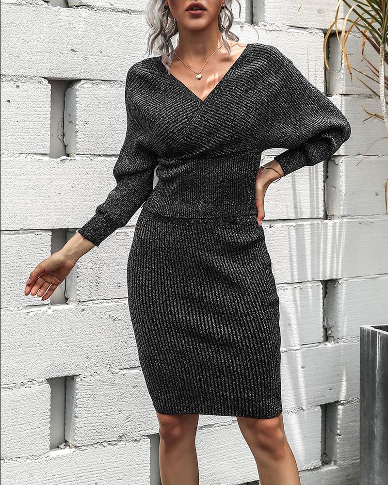 

V Neck Backless Batwing Sleeve Knit Top & Skirt Set, Black