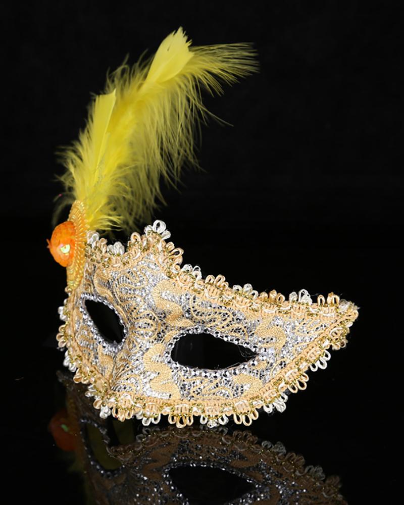 

Lace Venice Masquerade Fancy Dress Ball Mask Half Face Feather Costume Party Mask, Yellow