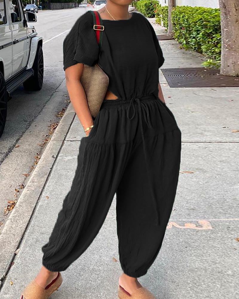 

Solid Drawstring Cutout Short Sleeve Jumpsuit, Black