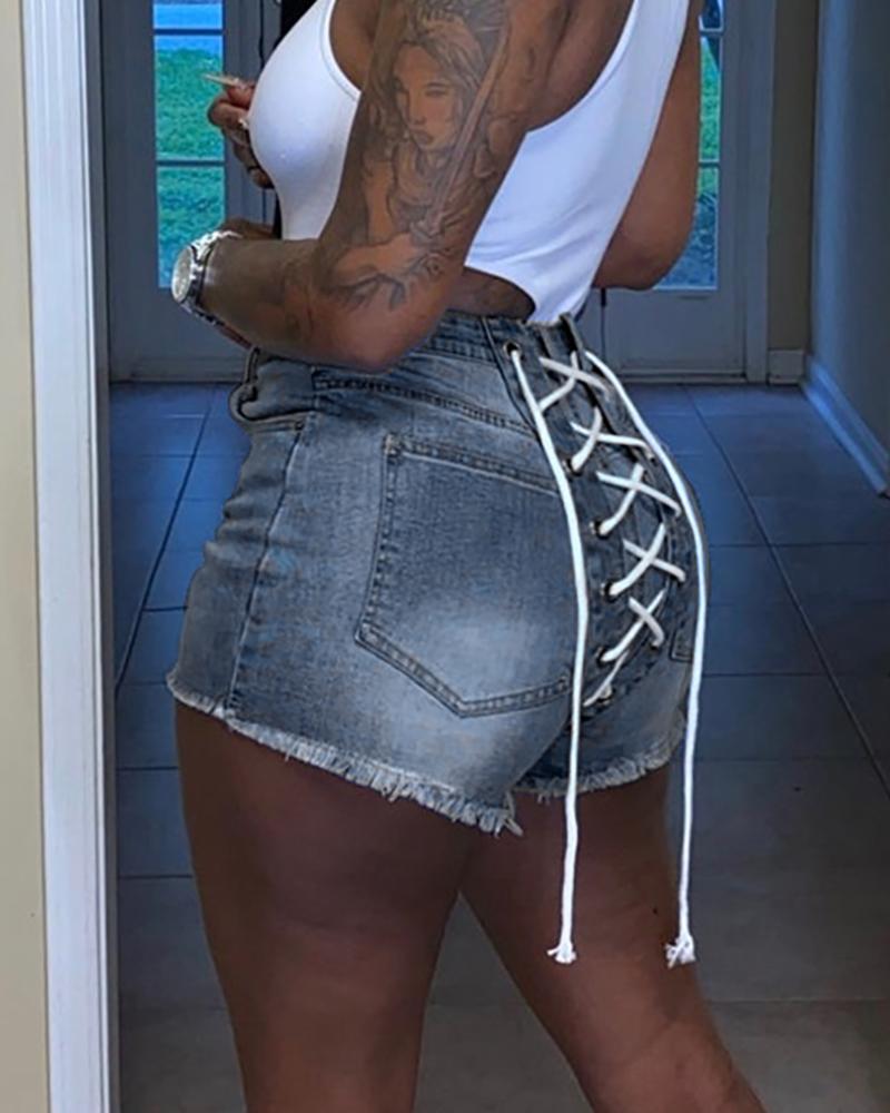 

Eyelet Lace-up Fringe Hem Denim Shorts, Dark blue