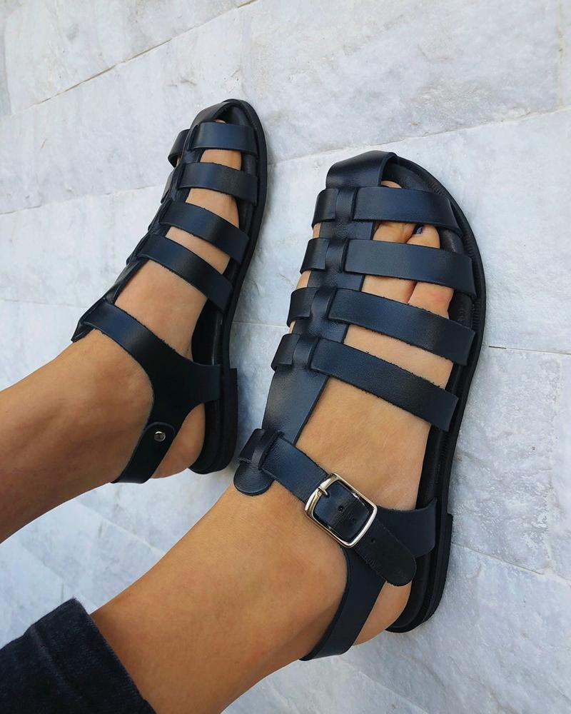 

Solid Cut-out Round-toe Flat Sandals, Black
