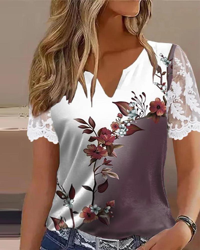 

Ombre Floral Print Lace Patch Notch Neck Top, Purple