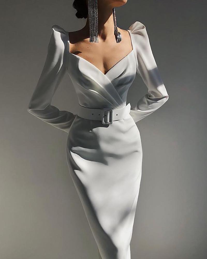 

Puff Sleeve Ruched Belted Evening Dress, White