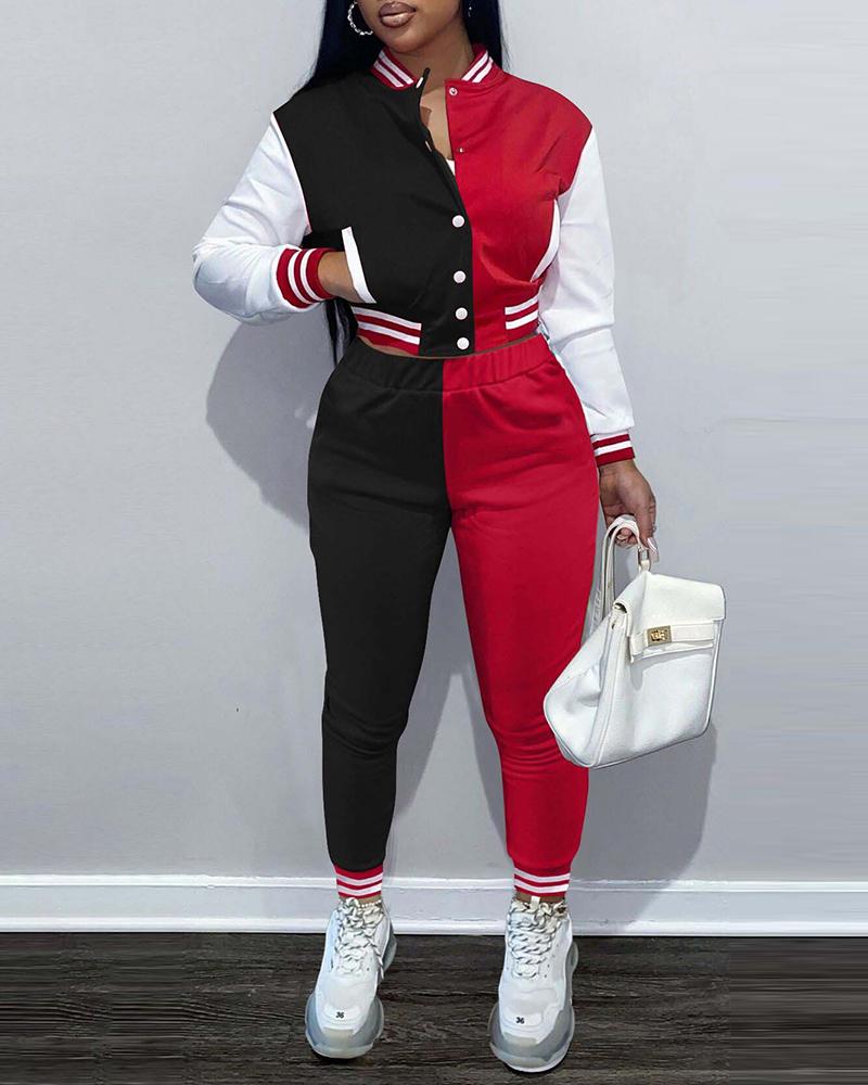 

Buttoned Colorblock Pocket Design Baseball Jacket & Pants Set, Black
