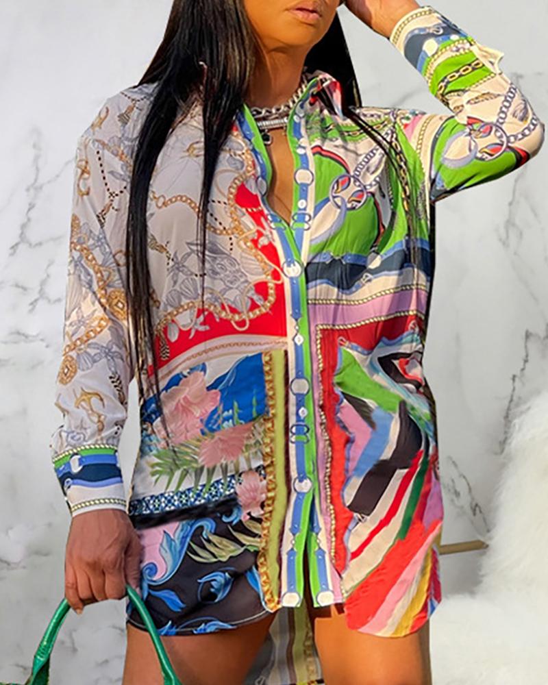 

Graphic Print Buttoned Casual Shirt Dress, Multicolor