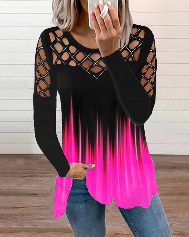 

Ombre Colorblock Long Sleeve Rhinestone Fishnet Top, Black