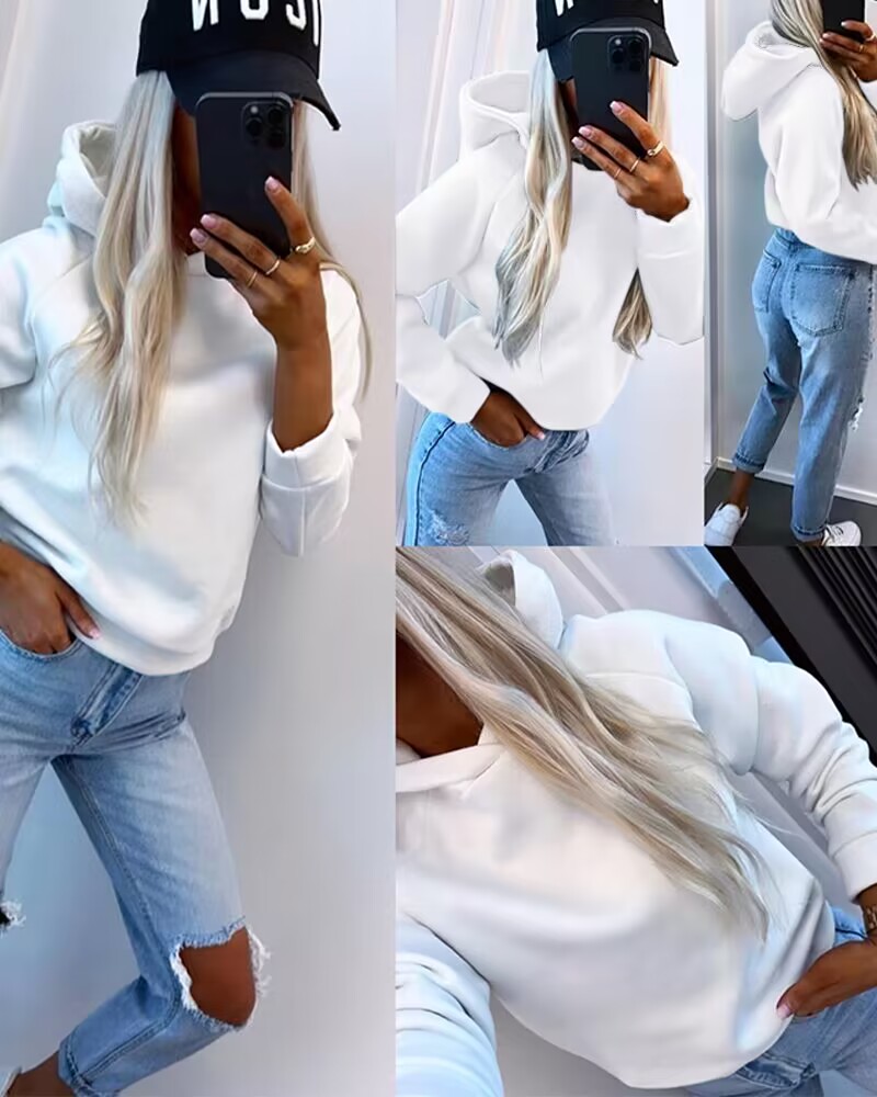 

Long Sleeve Casual Hooded Sweatshirt, White