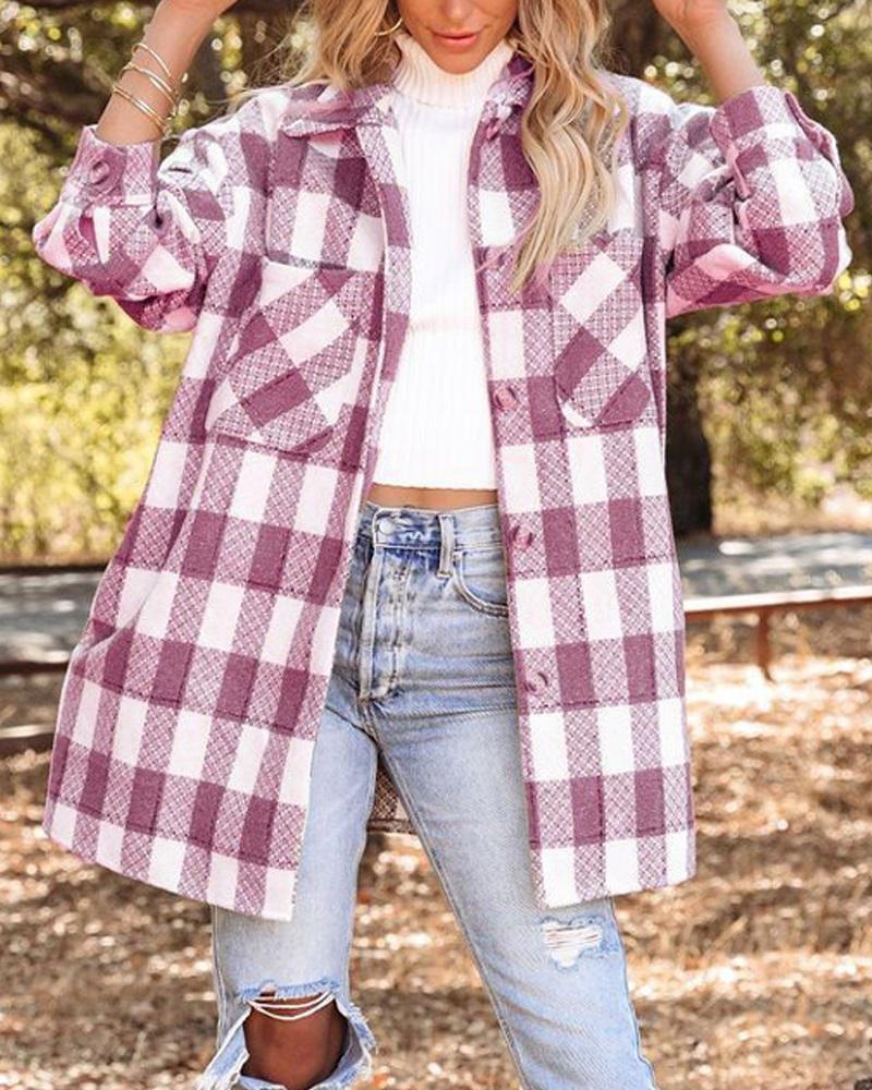 

Plaid Print Long Sleeve Button Down Shacket, Purple