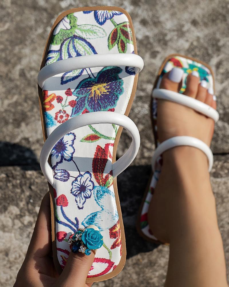 

Floral Double Strap Fashion Beach Slippers, White