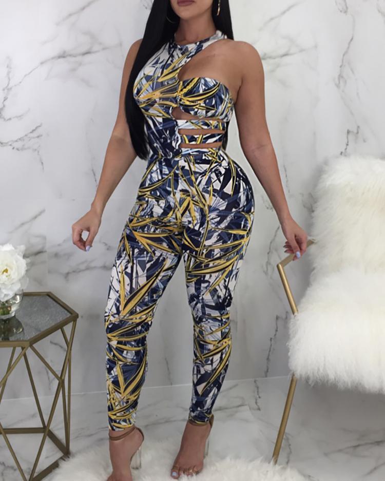 

Stylish Print Cut Out Skinny Jumpsuit, Multicolor