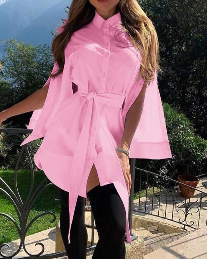 

Plain Long Sleeve Slit Shirt Dress, Pink