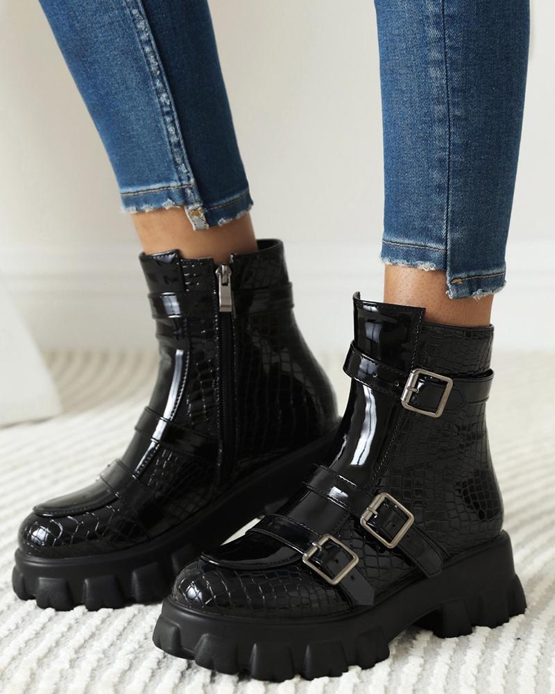 

Round Toe Patchwork Ankle Boots, Black