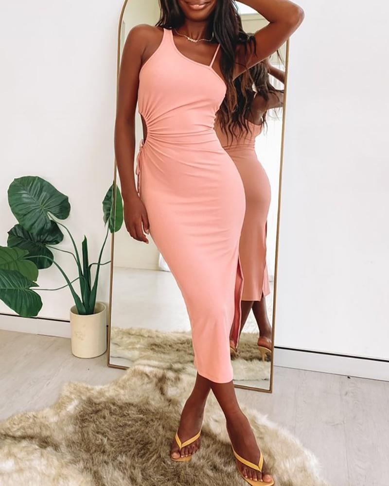 

Drawstring Cutout Waist Asymmetrical Neck High Slit Dress, Pink
