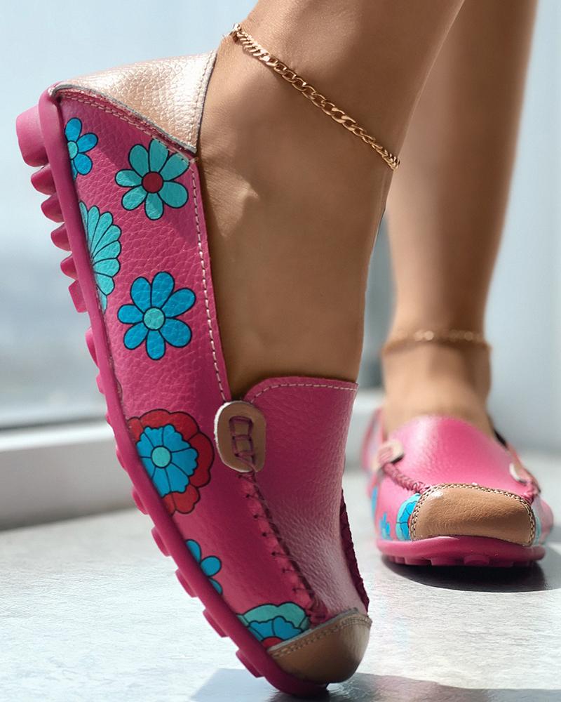 

Floral Pattern Colorblock Slip On Loafers, Hot pink