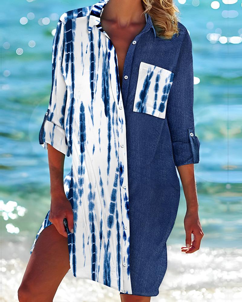 

Tie Dye Print Patchwork Buttoned Shirt Dress, Blue