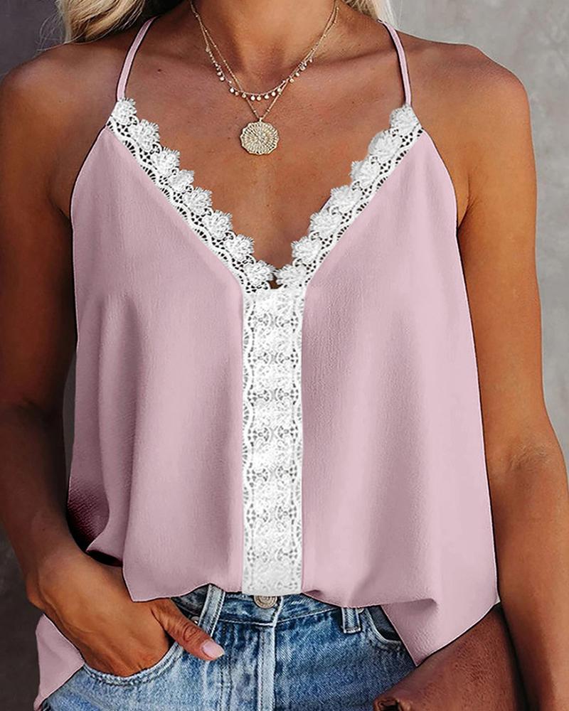 

V Neck Guipure Lace Sleeveless Top, Pink