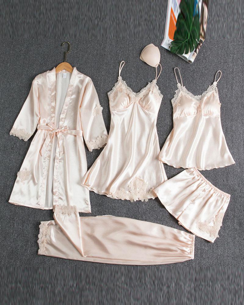 

5PCS Contrast Lace Cami Set With Nightdress & Belted Robe, Light pink