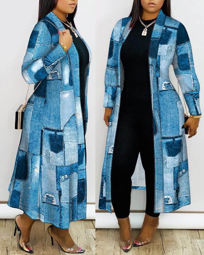 

Denim Look Print Open Front Longline Coat, Blue