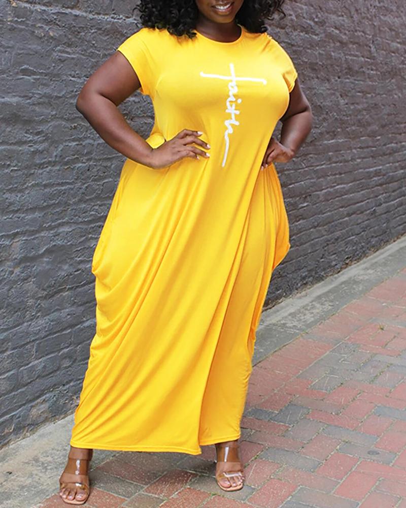 

Plus Size Letter Print Short Sleeve Casual Dress, Yellow