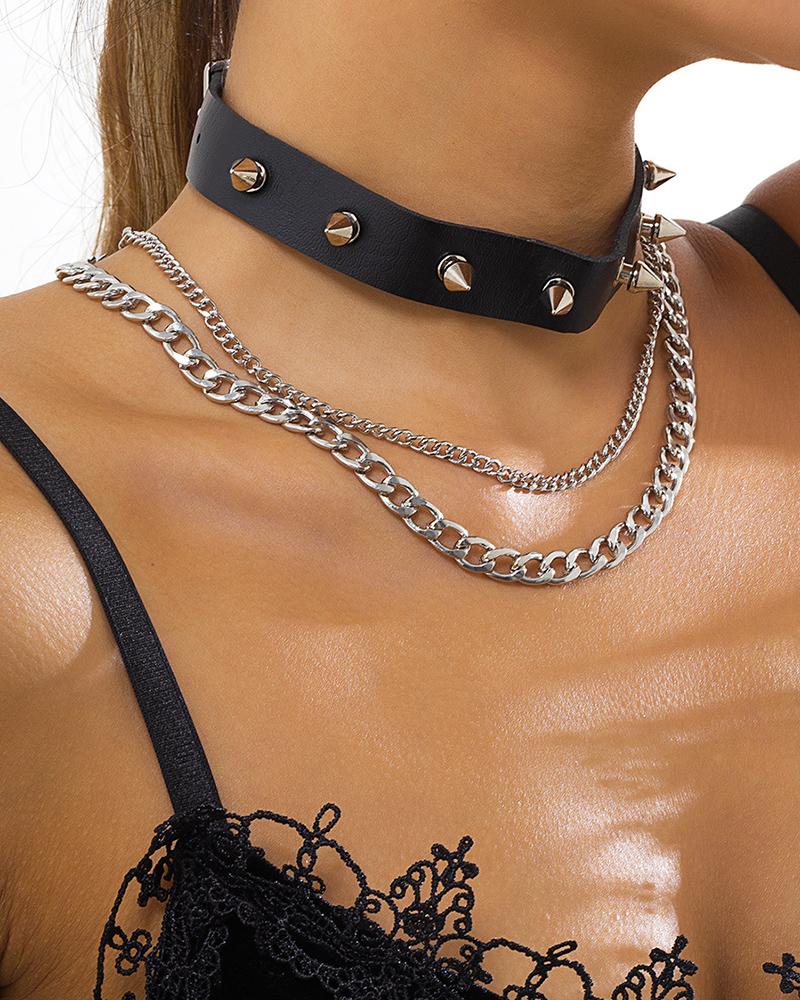 

3pcs Studded PU Leather Chain Necklace, Silver