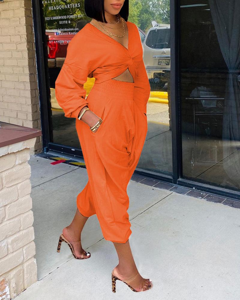 

Long Sleeve Twist Crop Top & High Waist Pocket Pants Set, Orange