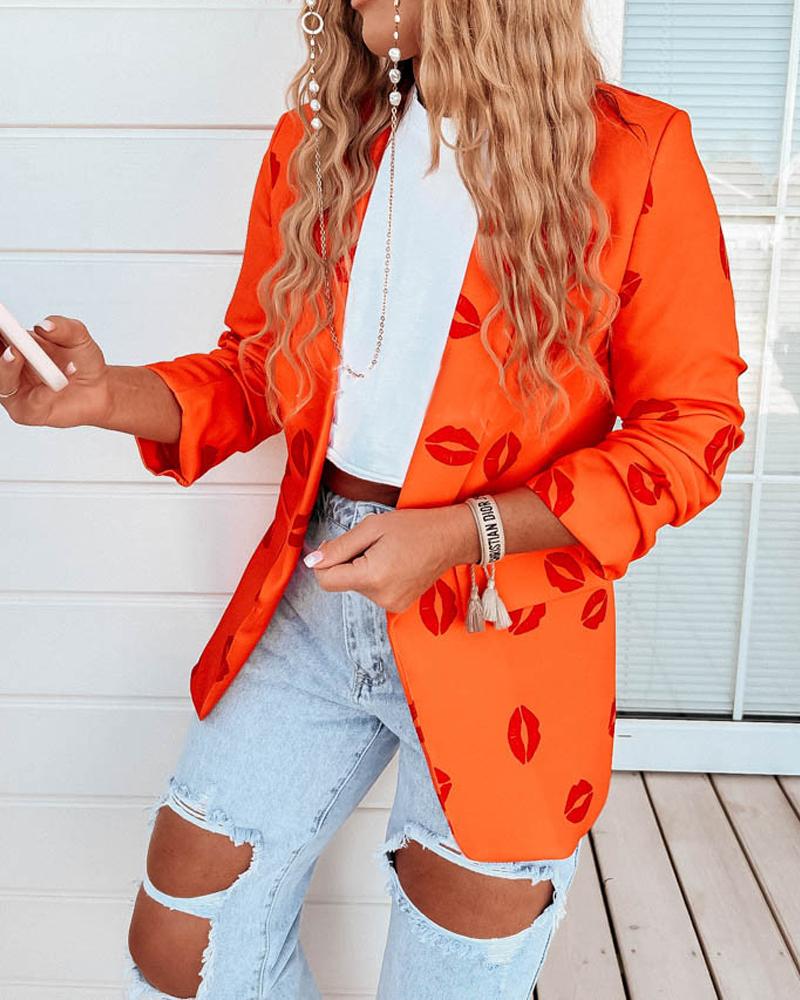 

Lip Print Shawl Collar Blazer, Orange