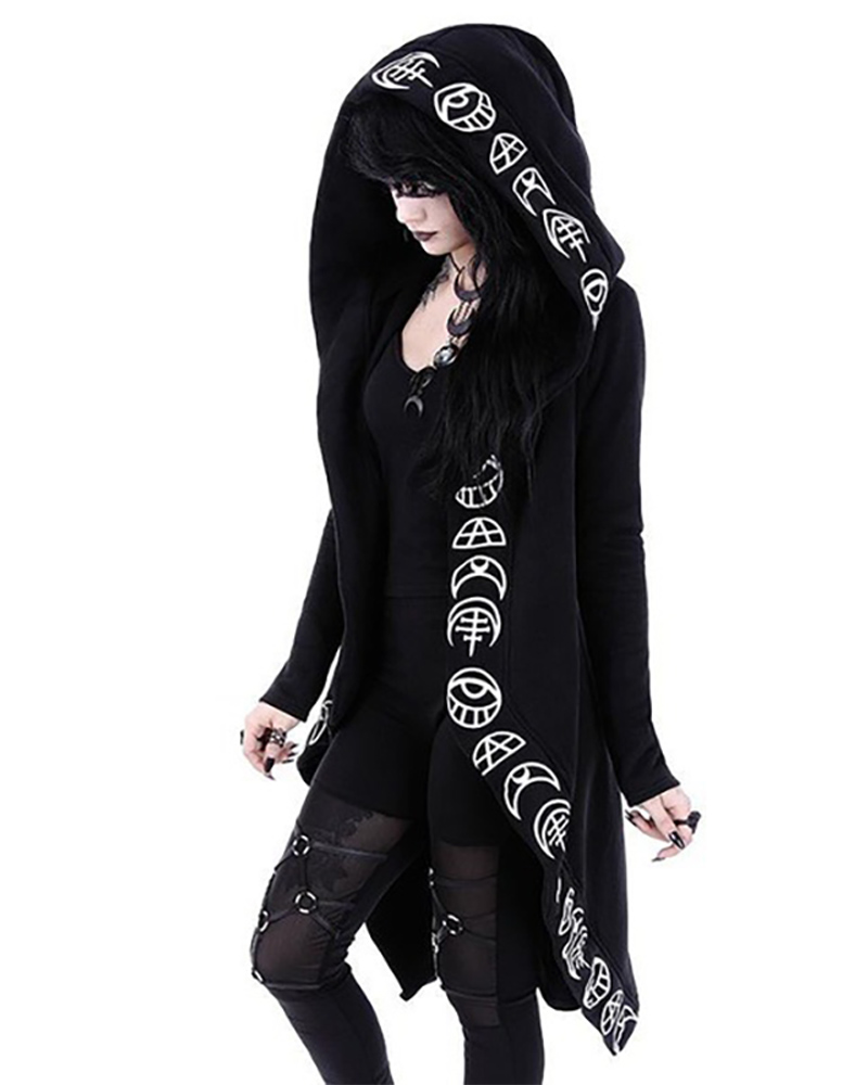 

Punk Moon Graphic Print Open Front Asymmetrical Hoodie, Black