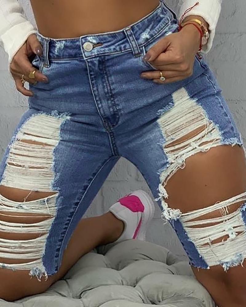 

High-Rise Distressed Cutout Casual Denim Shorts, Blue