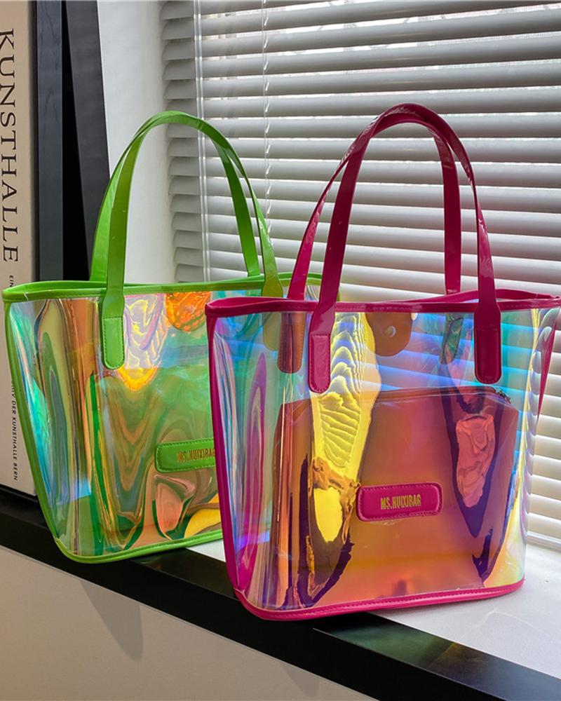 

Clear Holographic Large Capacity Tote Bag With Inner Pouch, Pink