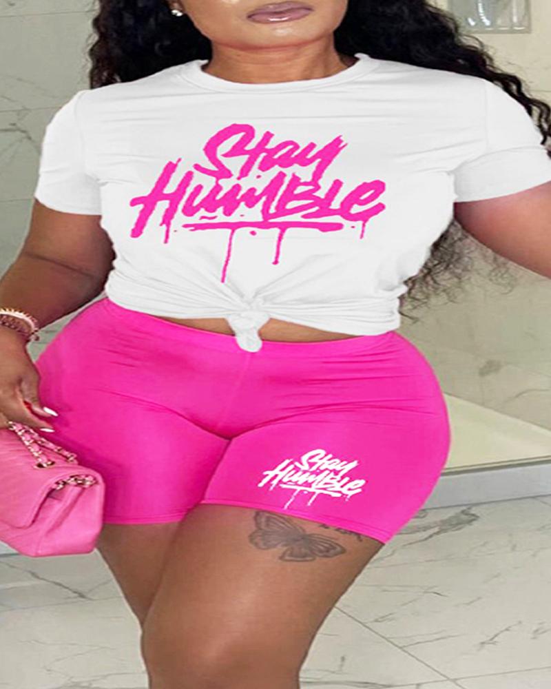 

Plus Size Stay Humble Print Casual Top & Shorts Set, Hot pink