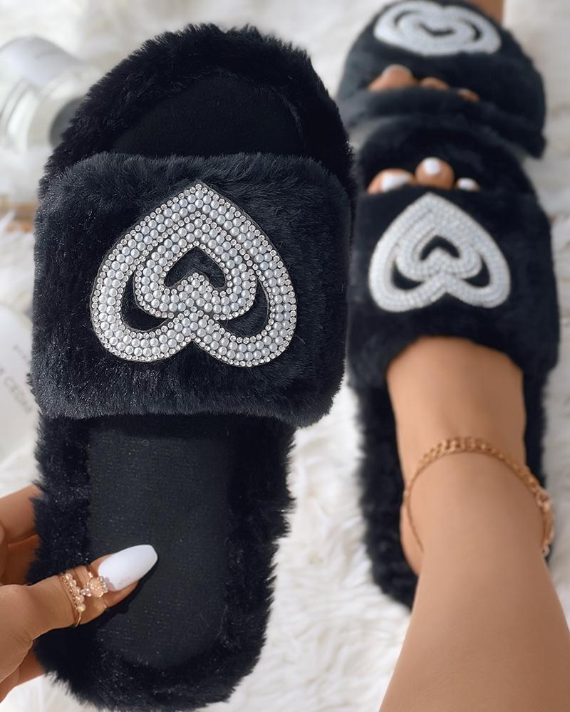 

Rhinestone Heart Pattern Fuzzy Slippers, Black