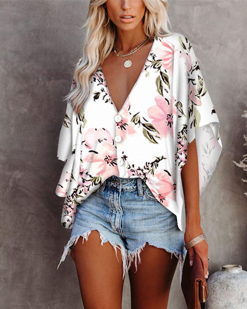 

Floral Print Batwing Sleeve Button Front Top, White