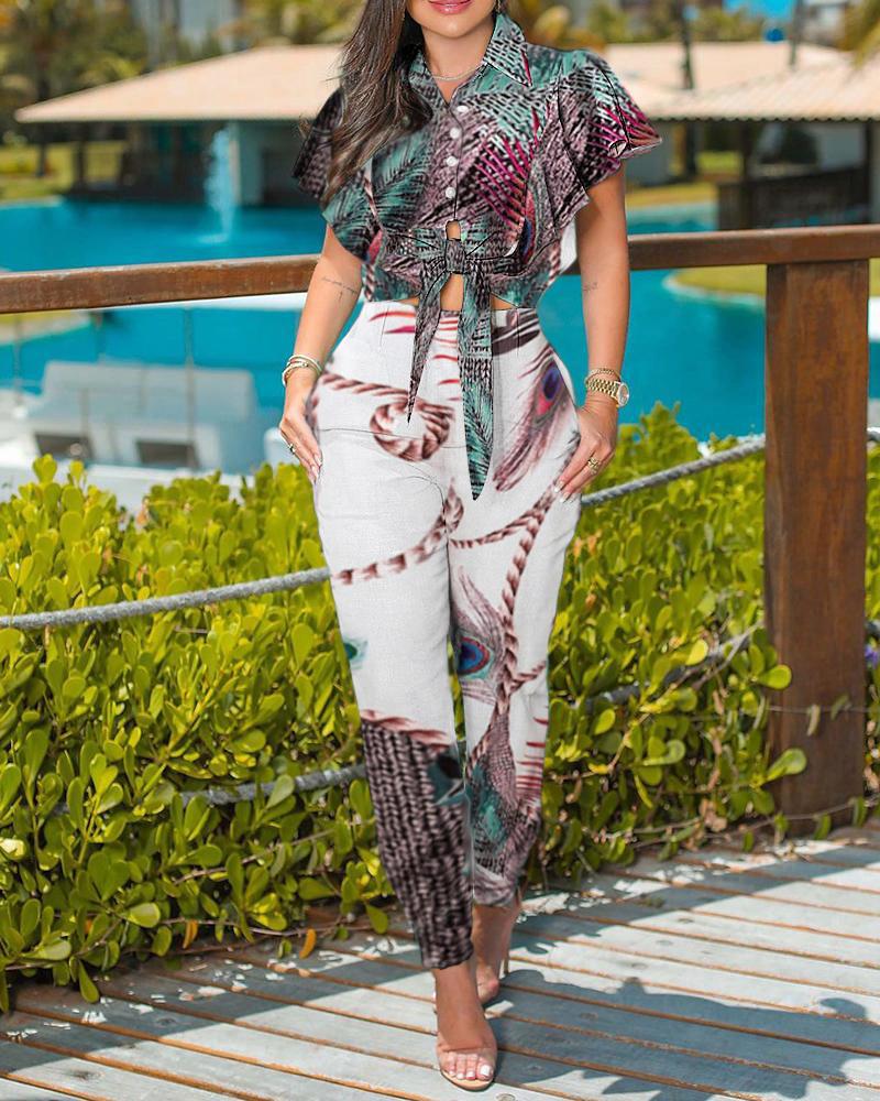 

Graphic Print Colorblock Ruffles Knotted Top & Pants Set, Multicolor
