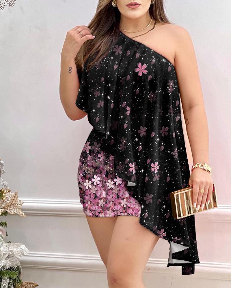 

Floral Print One Shoulder Asymmetrical Ruffles Party Dress, Black