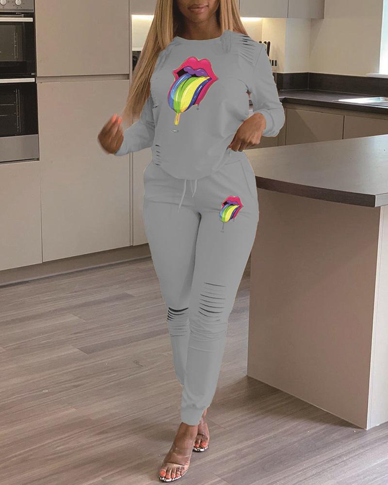 

Mouth Pattern Ribbed Tracksuit, Gray