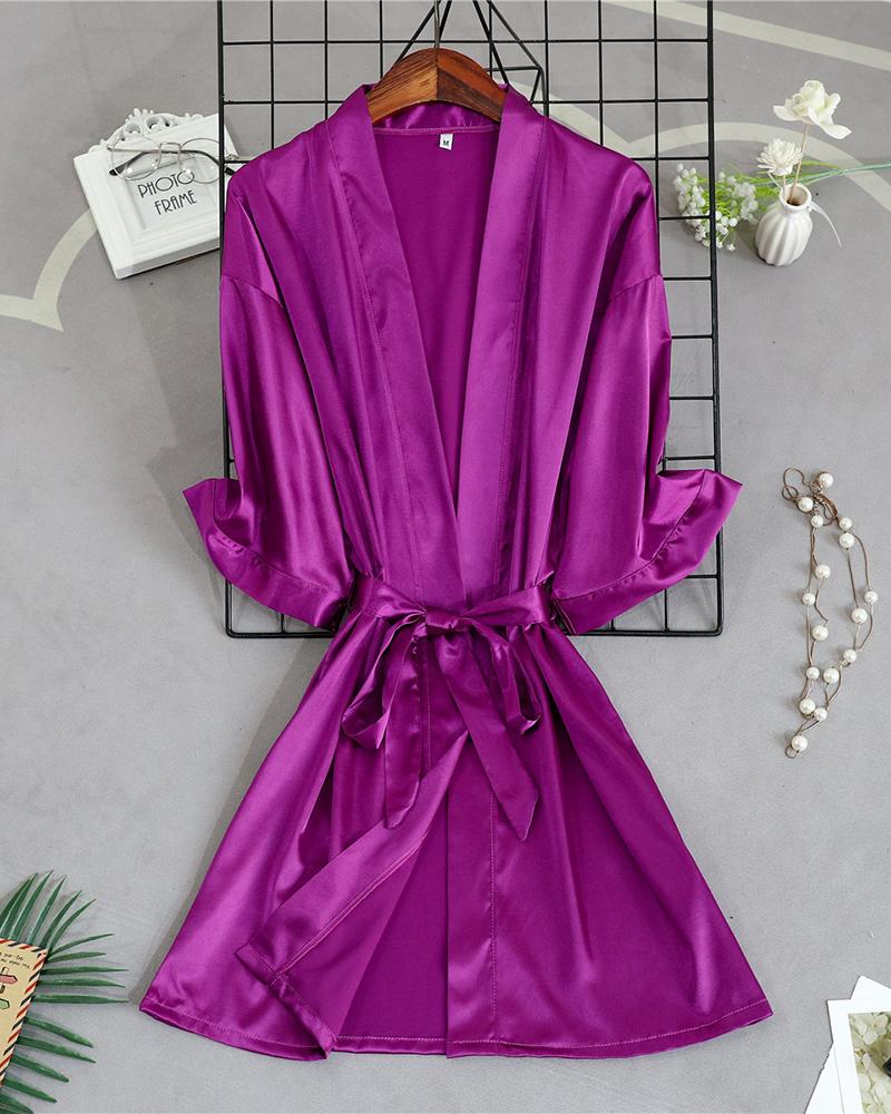 

Letter Embroidery Satin Half Sleeve Robe, Purple