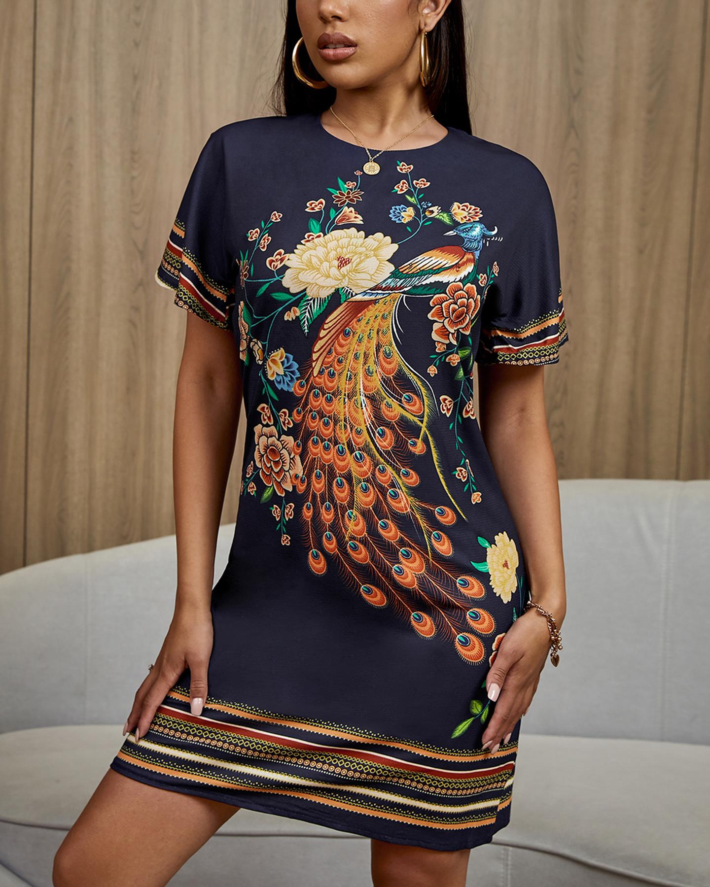 

Floral Peacock Print Short Sleeve Dress, Purplish blue