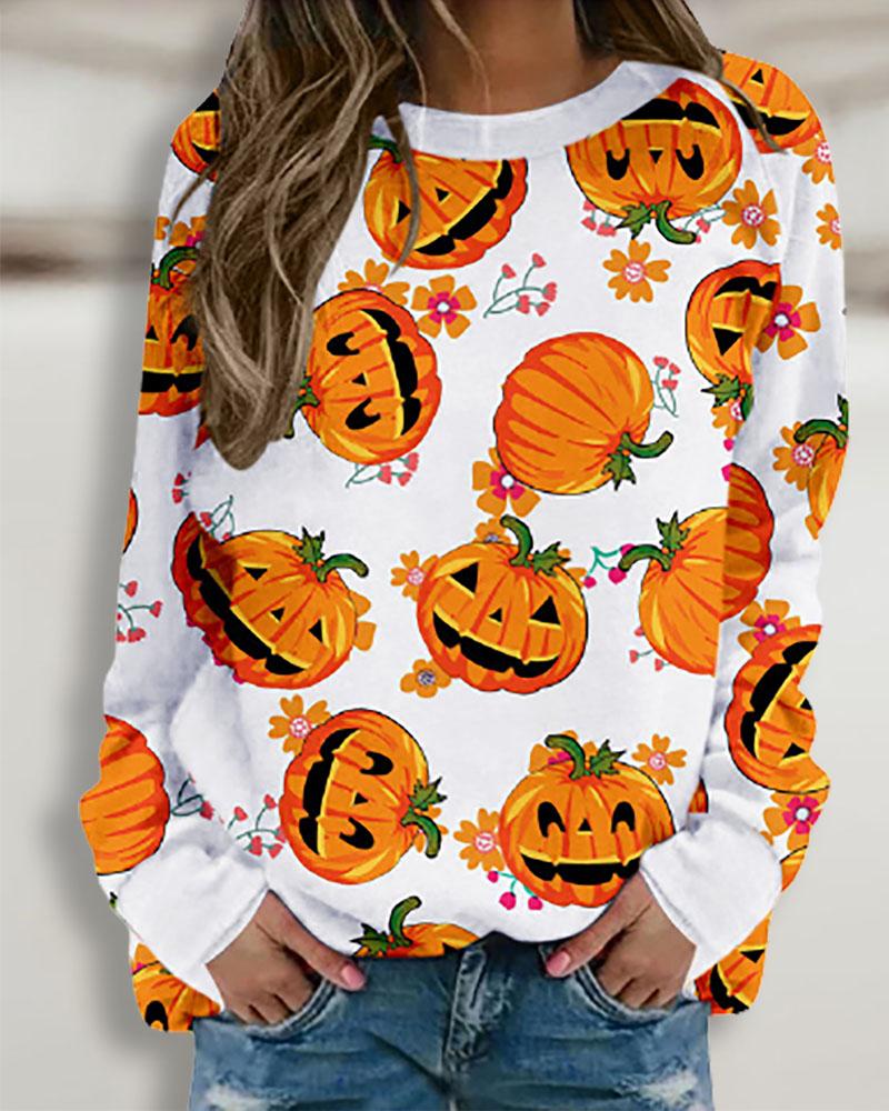 

Halloween Pumpkin Print Long Sleeve Sweatshirt, White